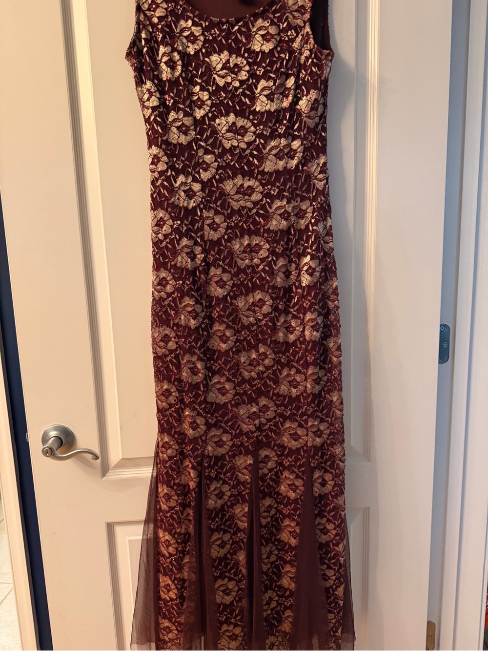Sleeveless Burgundy and Gold Floral Lace Maxi Dress